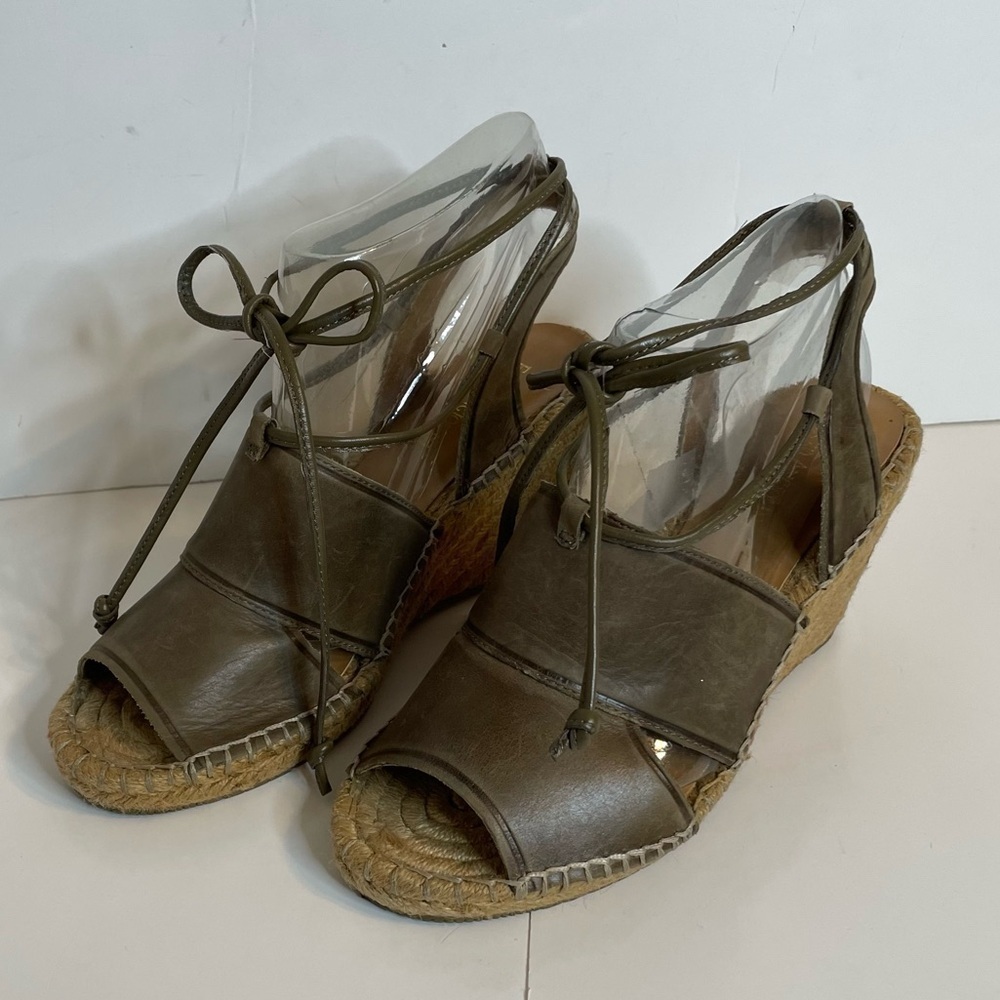 Enzo Angiolini Brown Leather Eadamiko Ankle Tie Espadrille Wedge Sandals Sz 7.5